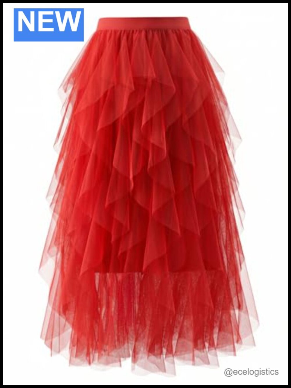 Women's A-Line Tulle Midi Skirt Tiered Ruffle Elastic Waist